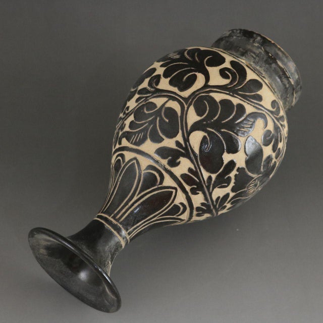 1950s 1950s Black Slip Carved Floral Yuhuchun Pear Shaped Ceramic Vase For Sale - Image 5 of 5