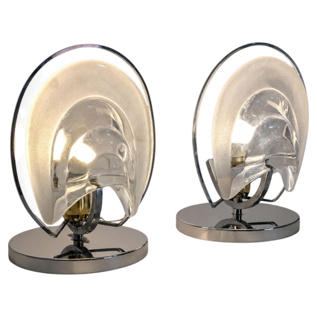 1970s Italian Mazzega Style Chrome and Murano Glass Table Lamps - Pair For Sale - Image 6 of 8