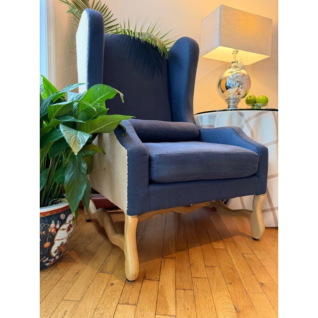 Wingback Chair in Navy Blue Linen and Tan by Restoration Hardware For Sale - Image 10 of 18