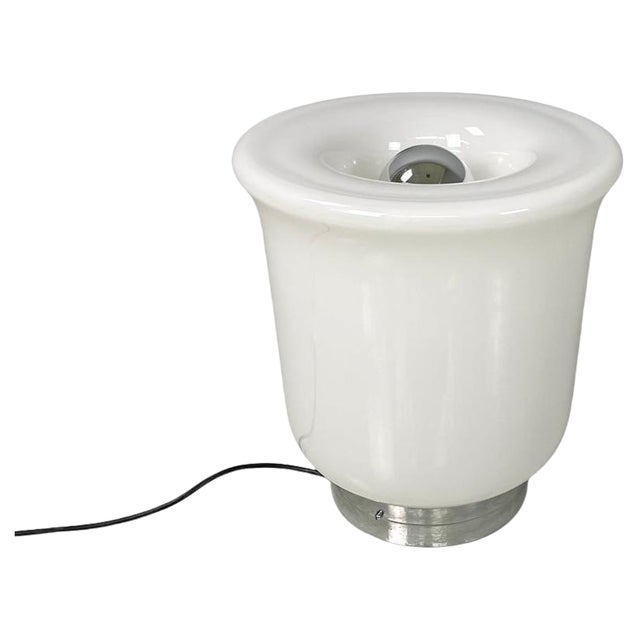 Italian Modern Round Table Lamp with Curved Profiles Metal and White Glass, 1970s For Sale