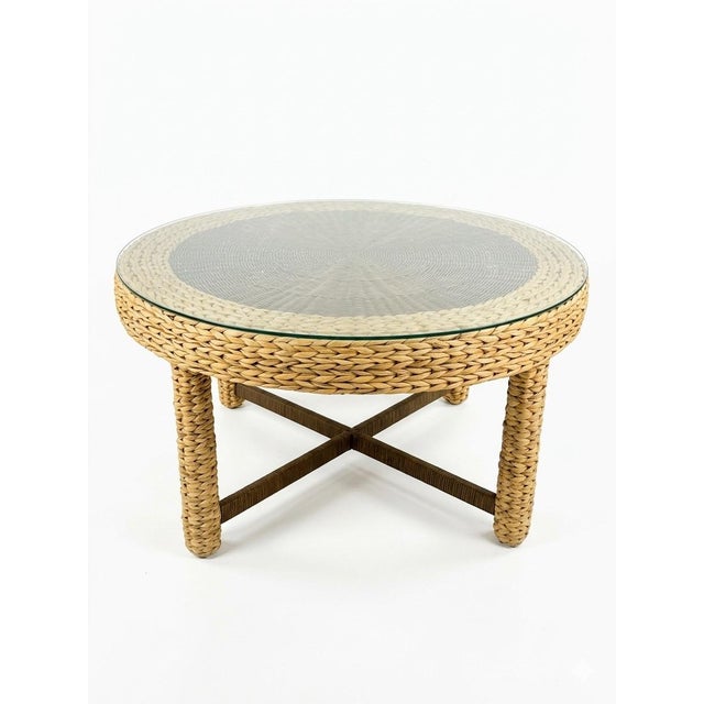 Braxton Culler Round Woven Wicker Coffee/Game Table Set With Matching Nesting Stools Ottomans and Glass Top For Sale - Image 4 of 12