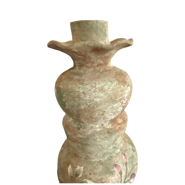 Monumental Vintage Terracotta Candlesticks Raised Rose Relief 15 Inch Pair For Sale - Image 12 of 15