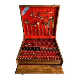 Vintage Mid 20th Century Modern Thai Gold Nickel Bronze 144 Piece Flatware Set With Teak Storage Case - Service for 12 For Sale