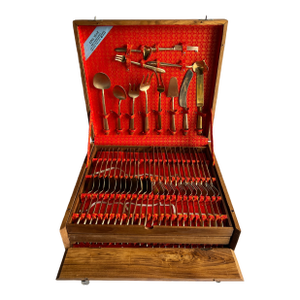 Vintage Mid 20th Century Modern Thai Gold Nickel Bronze 144 Piece Flatware Set With Teak Storage Case - Service for 12