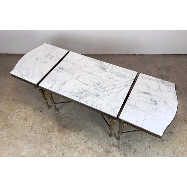 Neoclassical Mid 20th Century French Neoclassical Regency Style Tripartite X-Base Brass & Carrara Marble Tables For Sale - Image 3 of 12
