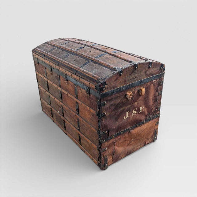 Wood Antique Dome-Top Wooden Trunk With Original Iron Hardware and Patina, Late 19th Century For Sale - Image 7 of 15