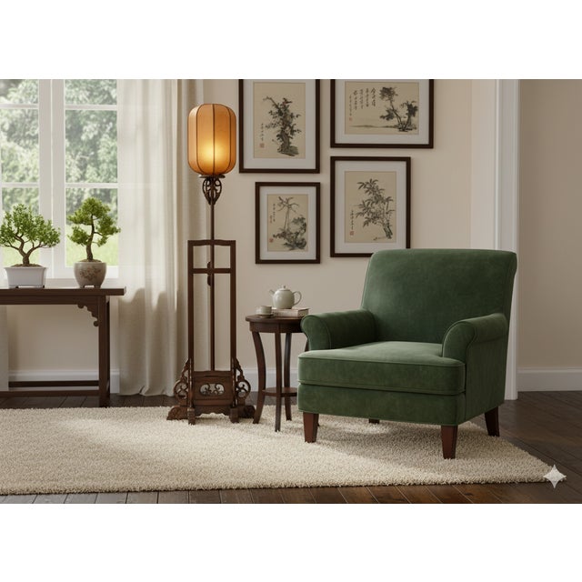 1980s Vintage Chinese Brown Wood Floor Lamp With Simple Open Panel Base For Sale - Image 5 of 11