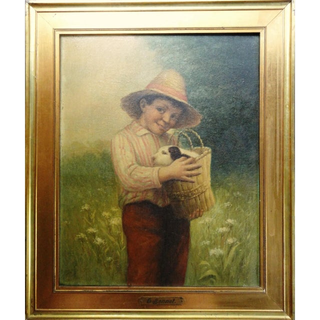 Circa 1900 "Boy with a Dog" Oil Painting by G. Bennet, Framed For Sale - Image 9 of 9
