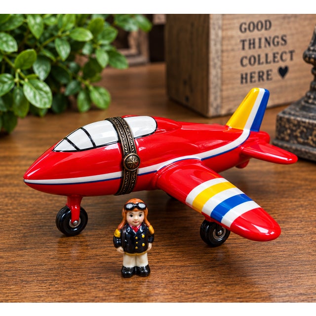 Figurative Red Airplane Porcelain Hinged Trinket Box With Miniature Pilot For Sale - Image 3 of 3