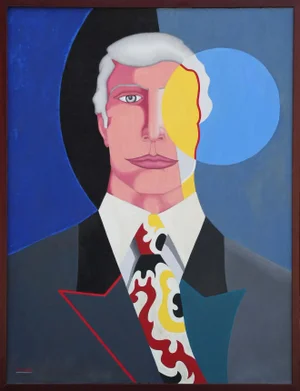 1980s "The Vision" Modernist Geometric Portrait Acrylic Painting by Robert Sandman, Framed