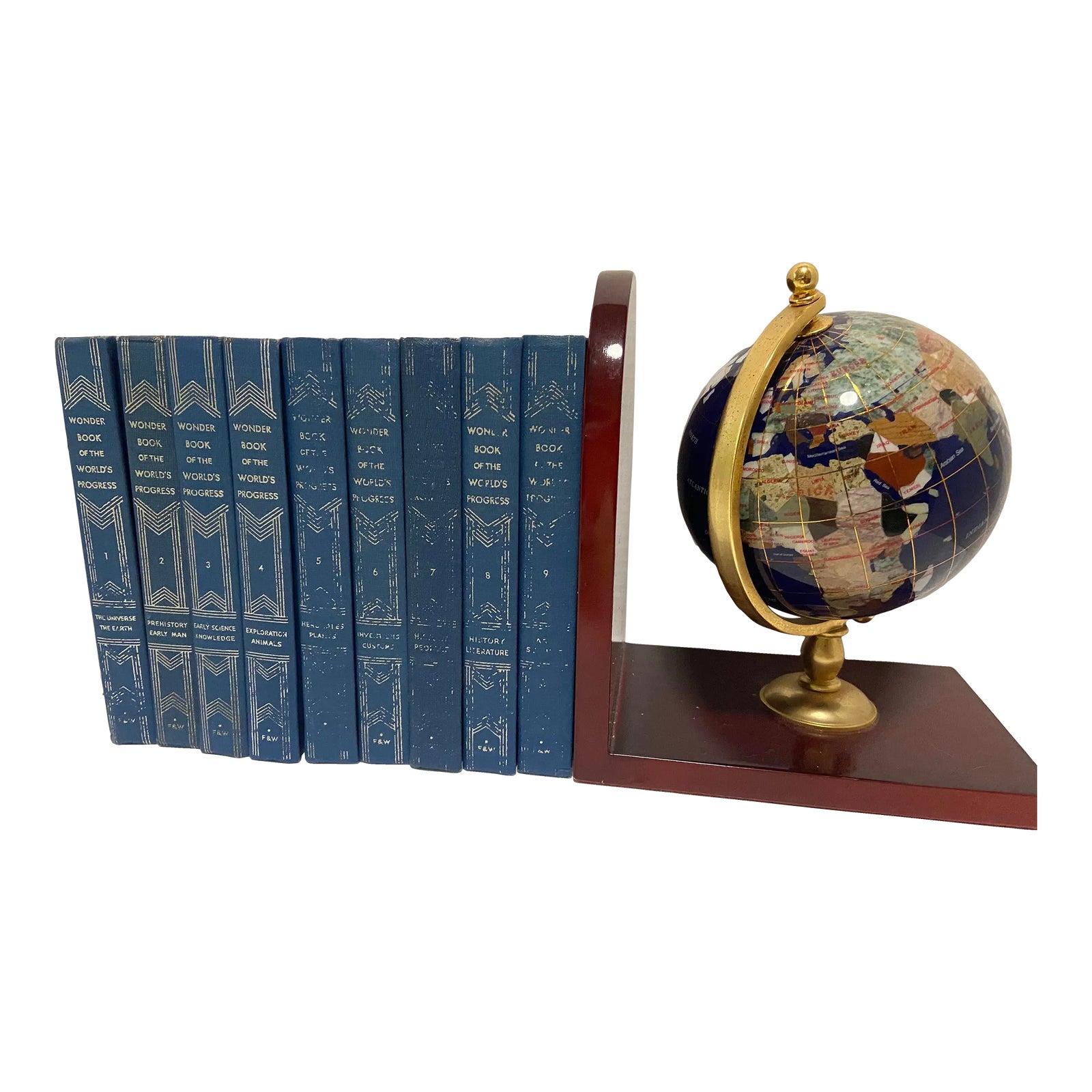 Mid Century Blue & Silver Decorative Books & World Globe Bookend 10