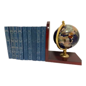 Mid Century Blue & Silver Decorative Books & World Globe Bookend - 10 Piece Set