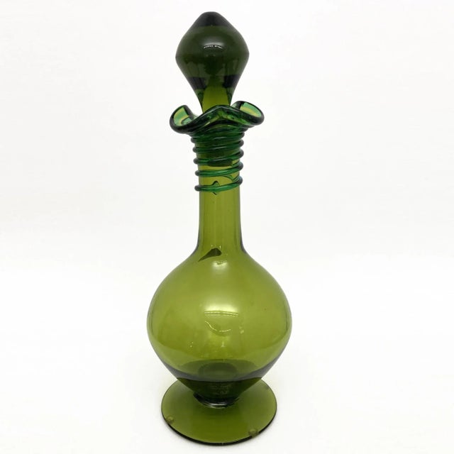 This Vintage Blenko Olive Green Decanter, by Joel Philip Myers, Circa 1968 with spiral coil has an original Blenko foil...