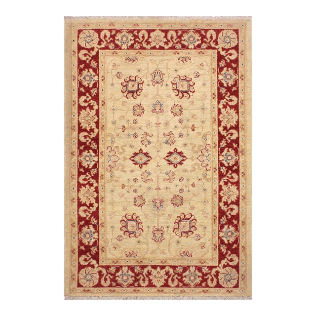 Boho Chic Ziegler Ivory Red Hand-Knotted Wool Rug - 3'4'' X 4'9'' For Sale