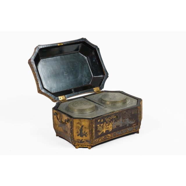 Mid 19th Century Antique 19th Century Chinese Export Black Lacquer Tea Caddy For Sale - Image 5 of 13