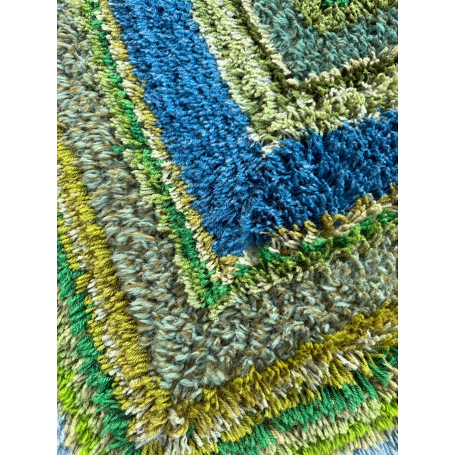 Textile Mid Century Modern Vintage Handmade Shag Textile Blues & Greens Geometric Design For Sale - Image 7 of 12