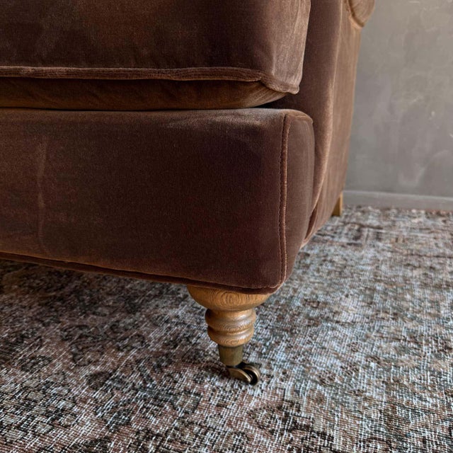 Modern English Sofa in Chestnut Brown in Faux Velvet Mohair With Down Cushion For Sale - Image 9 of 11