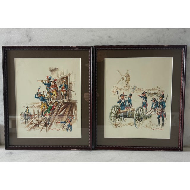 Pair of historical colored illustration prints depicting french soldiers in the and officers during the Napoleonic or...