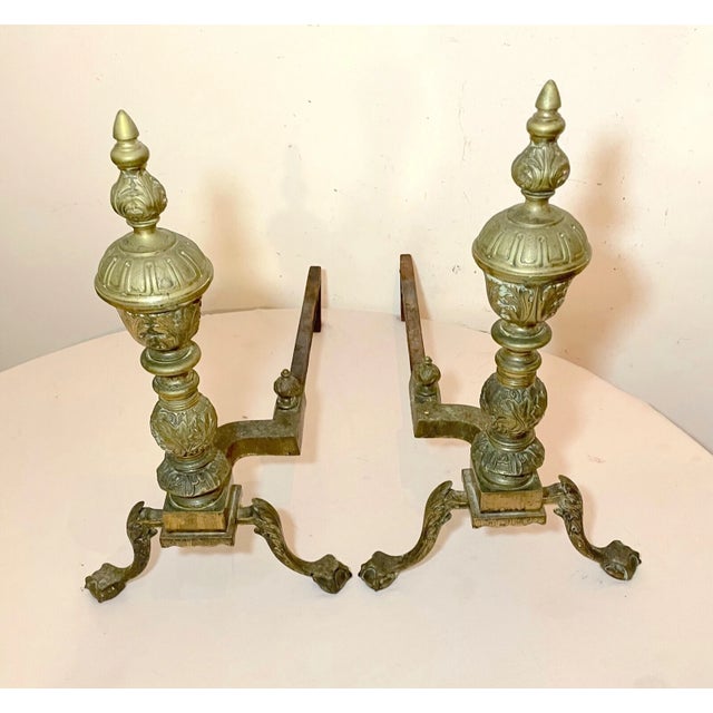 Add a touch of antique elegance to your fireplace with this stunning pair of solid bronze cast iron fireplace andirons....