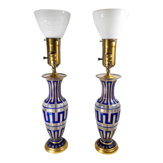 19th Century Bohemian Cameo Glass Table Lamp Vases With Greek Key Design in Blue - Pair For Sale