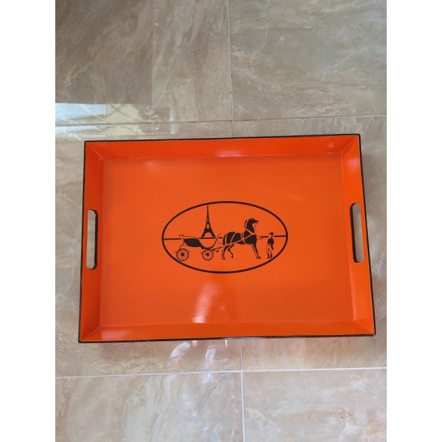 18" long x 14” deep x 3" tall. Lacquer finish. Hand painted rectangle Paris equestrian Hermès style orange and espresso...