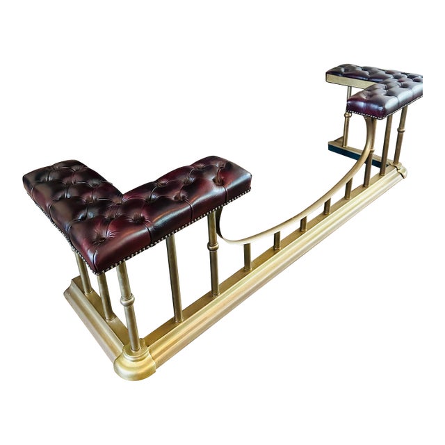 Vintage Brass & Oxblood Leather Club Fender - Fireplace Bench Hearth Seat For Sale