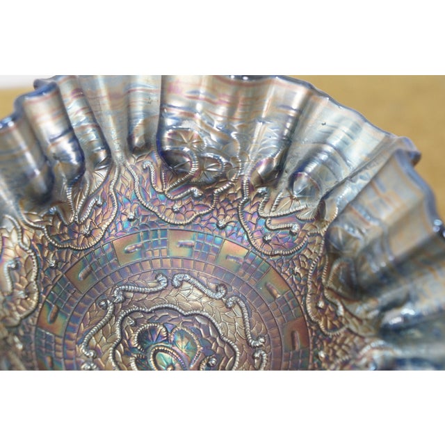 Antique Fenton Cobalt Blue Iridescent Carnival Glass Persian Medallion Compote For Sale - Image 11 of 12
