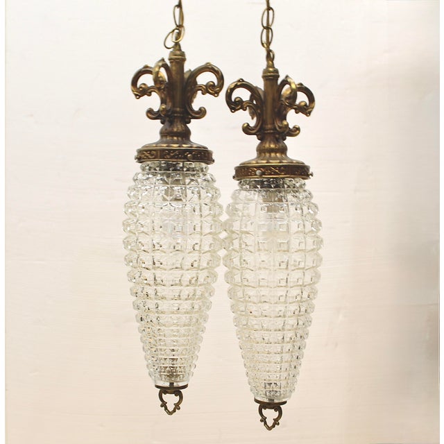 Mid-Century Modern 1960s Double Swag Lamps With Large Pineapple Glass Shades For Sale - Image 3 of 10
