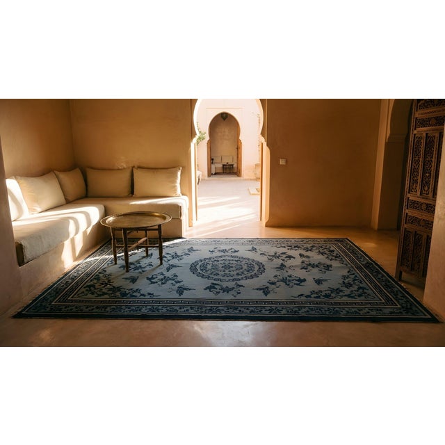 Superb Navy Blue Floral Design Accented With Light Blue, Chinese Ningxia Rug For Sale - Image 11 of 13