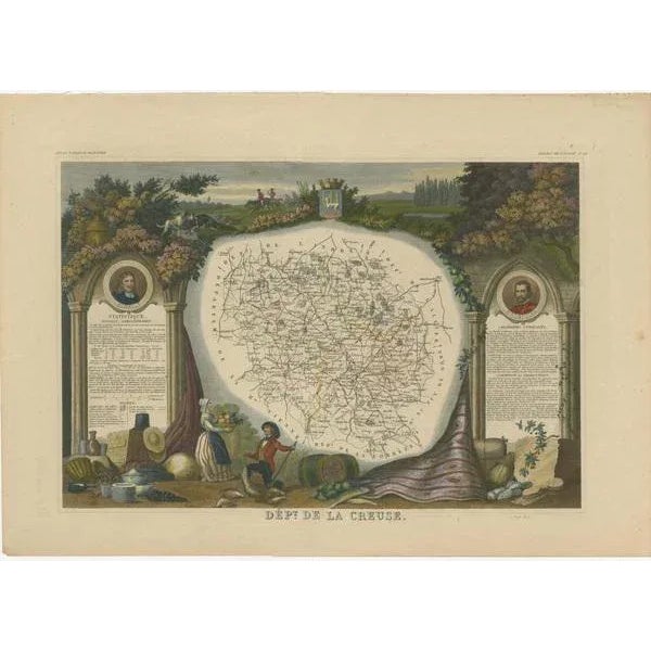 Antique map titled 'Dépt. de la Creuse'. Map of the French department of Creuse, France. This region is well known for its...