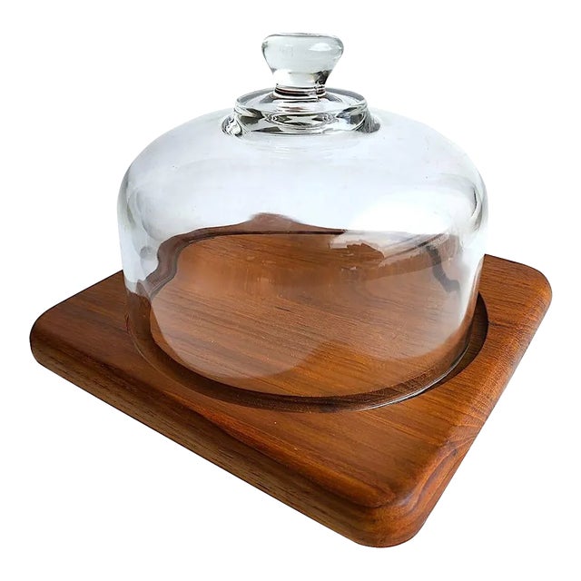 1970s Square Teak Wood Charcuterie Board With Glass Cloche For Sale