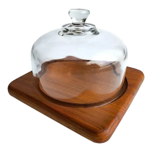 1970s Square Teak Wood Charcuterie Board With Glass Cloche