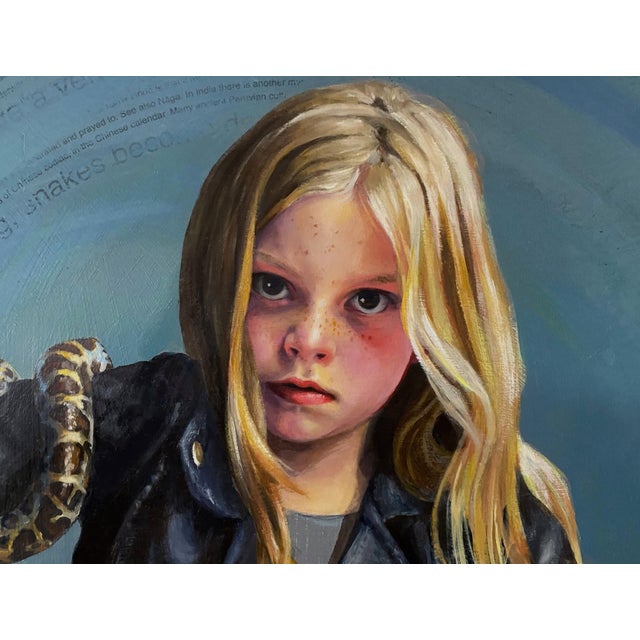 2010s Scarlet Serpentes by Denise Dambrackas | Mixed-media: Acrylic & Oil on Panel girl with snakes and a book For Sale - Image 5 of 5