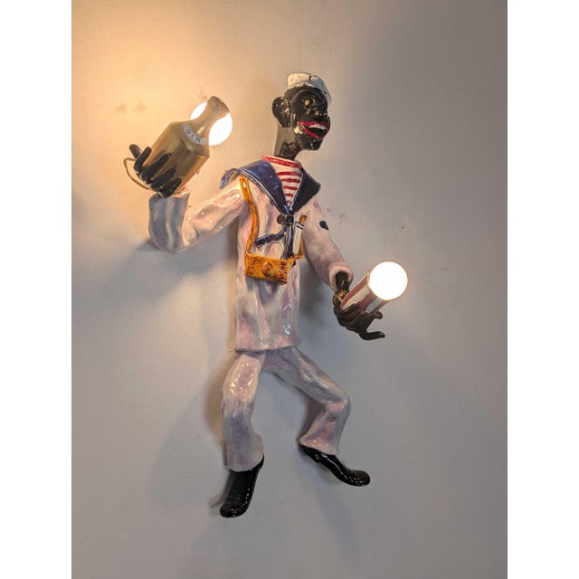 1950s Figurative Venetian Polychrome Glazed Ceramic Sailor Wall Sconce, Signed For Sale - Image 4 of 11