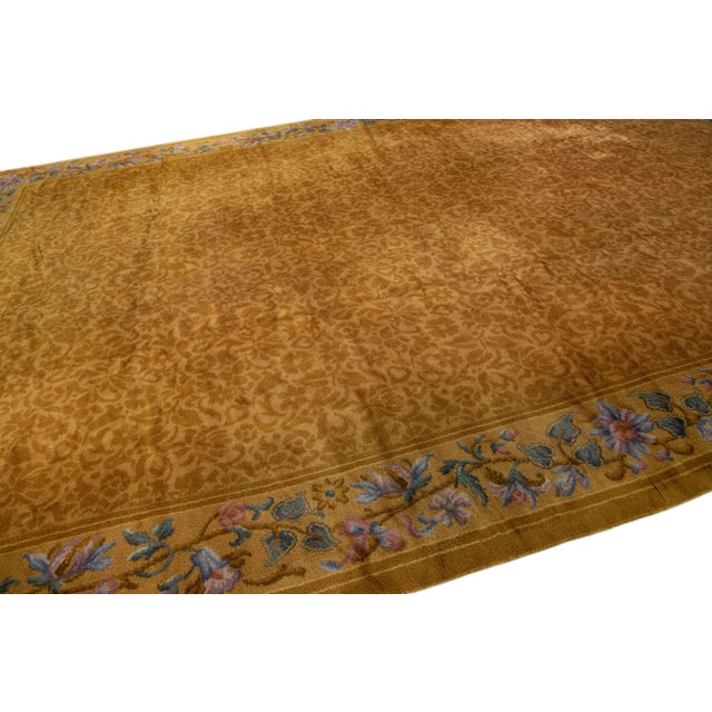 Antique Savonnerie Handmade Golderod Wool Rug With Allover Floral Motif For Sale In New York - Image 6 of 8