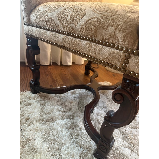 Pair of Sherrill Carved Wood Damask Armchairs With Nailhead Trim Pair of Sherrill Carved Wood Damask Armchairs With Nailhead Trim For Sale - Image 15 of 17