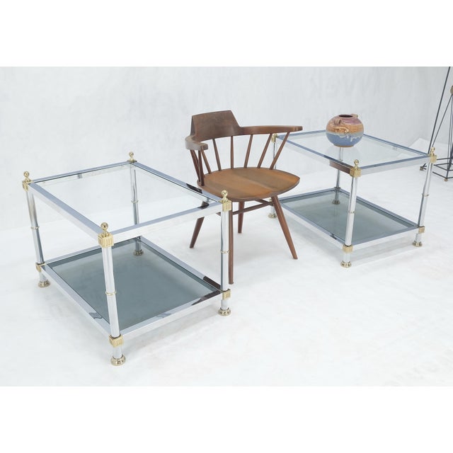 Pair of Rectangle Italian Mid Century Modern Chrome & Brass Smoked Glass Two Tier End Side Tables MINT!