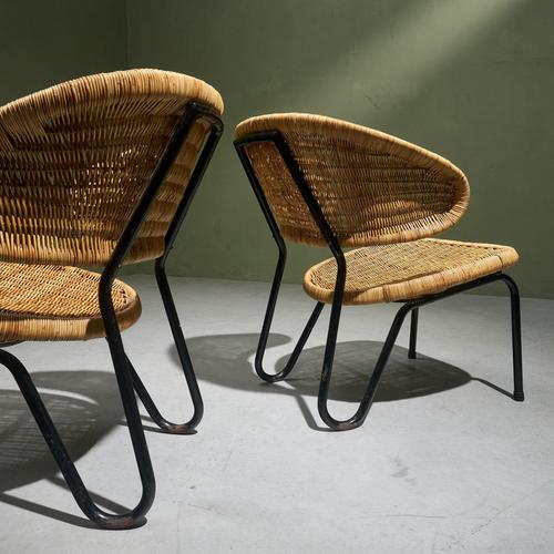 Rattan Lounge Chairs with Black Tubular Steel Frames by Dirk van Sliedregt for Gebroeders Jonkers, Netherlands, 1960s, Set of 4 For Sale - Image 6 of 10