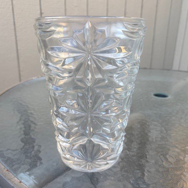 This is a vintage 1960s/1970s Italian mold-pressed glass vase by Fidenza Vetraria featuring a bold, tactile geometric...