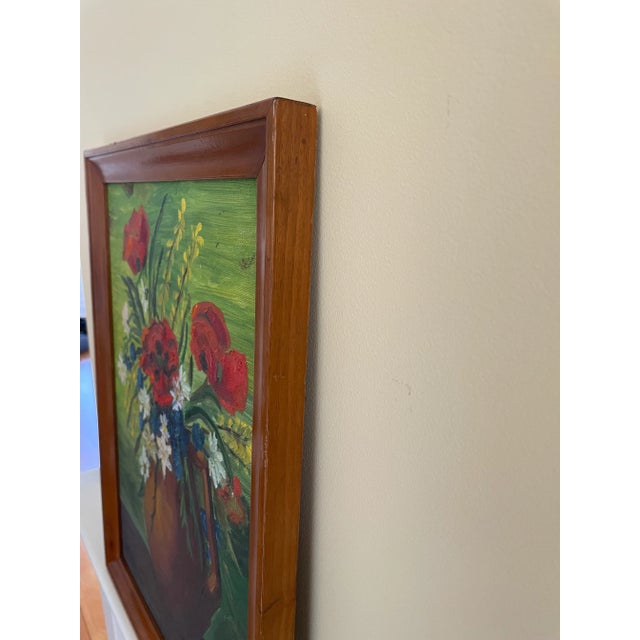 Red Circa 1950s Original Oil Painting of Red Poppies in a Vase For Sale - Image 8 of 10