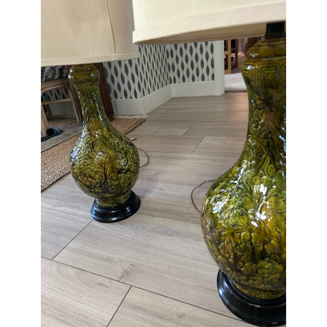 Ceramic Pair of Tall Green Vintage Lamps For Sale - Image 7 of 12