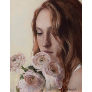 Timide by Kelly Birkenruth | Oil on panel Portrait of a woman with roses. For Sale