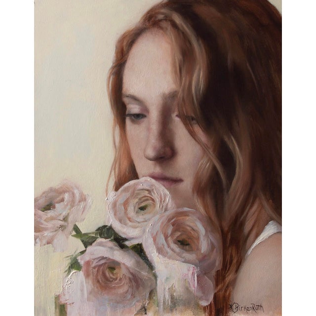 Timide by Kelly Birkenruth | Oil on panel Portrait of a woman with roses. For Sale