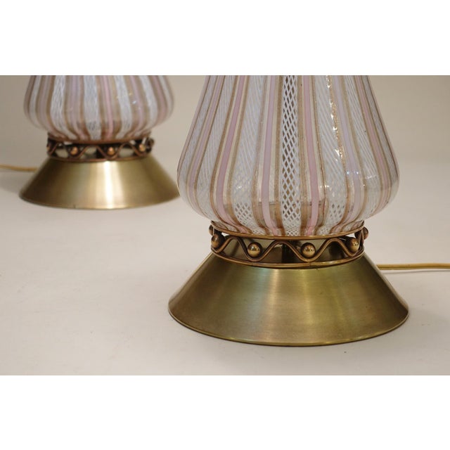 Metal 1960 Large White & Pink Barovier Toso Murano Italy Latticino Blown Art Glass Brass Table Lamps - a Pair For Sale - Image 7 of 13