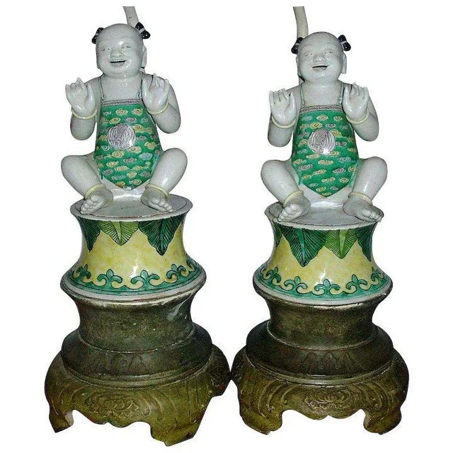 19th Century Chinese Kangxi Porcelain Ho Ho Boys in Famille Vert Glaze as Lamps - a Pair For Sale In New York - Image 6 of 7