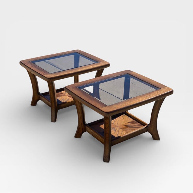 Pair of Late Mid-Century Oak Side Tables With Smoked Glass Tops, Mid-Century Modern, 1970s For Sale - Image 16 of 18