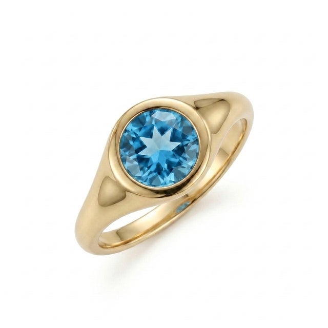 Contemporary Natural Blue Topaz Bezel Set Ring | Unisex Solitaire Signet Ring | Dainty Stacking Ring Us 7 For Sale - Image 3 of 3