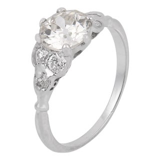 1930s Art Deco Gia 1.38 Carat Old European Cut Diamond Platinum Engagement Ring, Size 7 For Sale