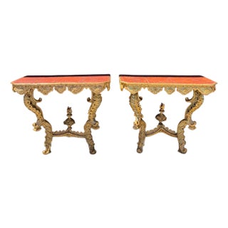 Pair of Rare 18th C. Venetian Giltwood Console Tables With Red-Painted Tops For Sale