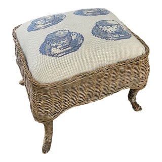 Mid 20th Century Vintage Needlepoint Teacup Theme Small Wicker Footstool For Sale